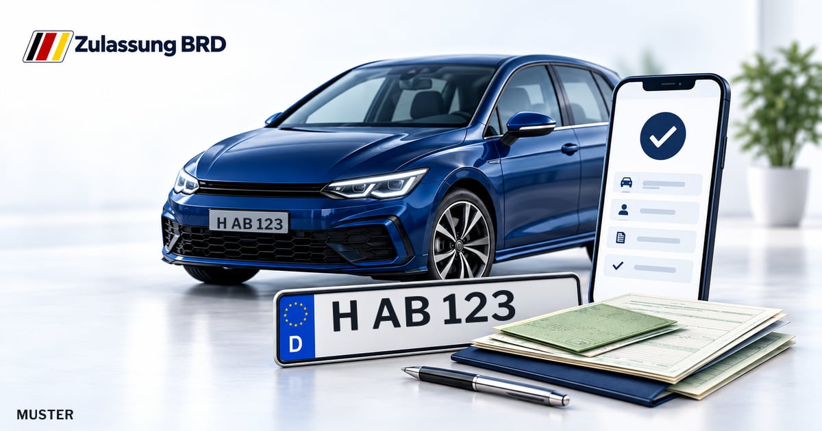 Online Fahrzeugzulassung in Neustadt am Rübenberge: Musterkennzeichen H AB 123, Auto und Fahrzeugpapiere und Smartphone. Illustration mit Logo von Zulassung BRD.